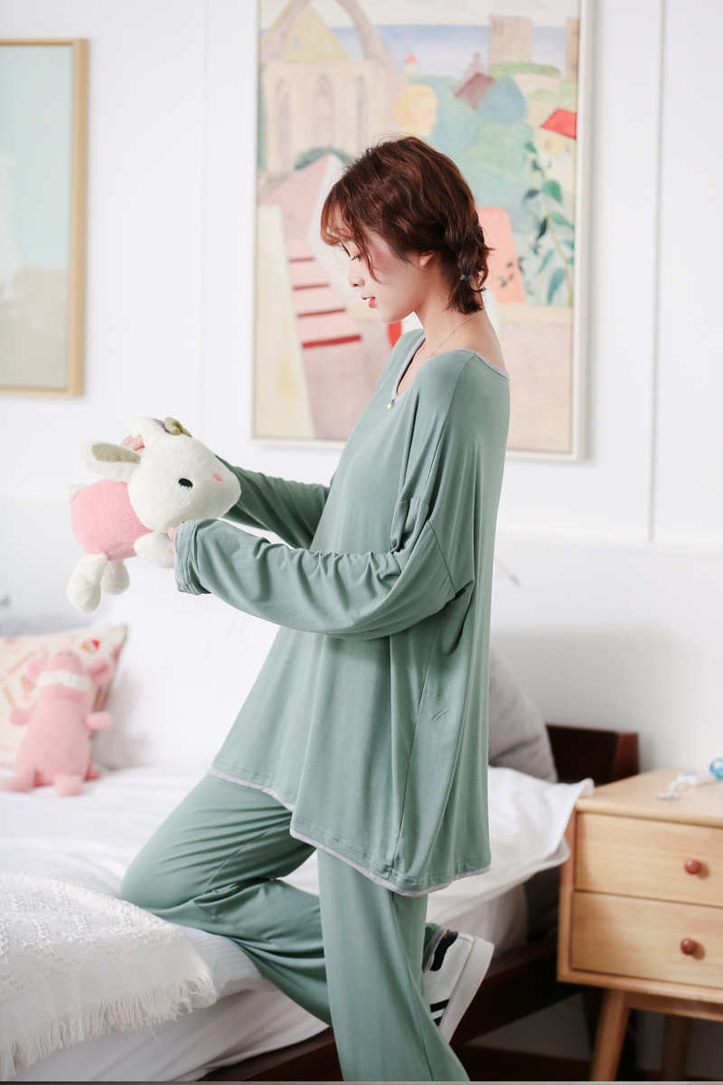 莫代尔家居服女夏季薄款睡衣睡裤2件套宽松长袖t恤休闲阔腿裤套装