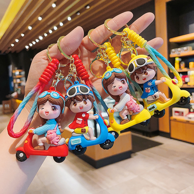 Creative Cartoon Electric Car Girl Keychain Cute Fashion Couple Bag Key Pendants Small Gift Wholesale