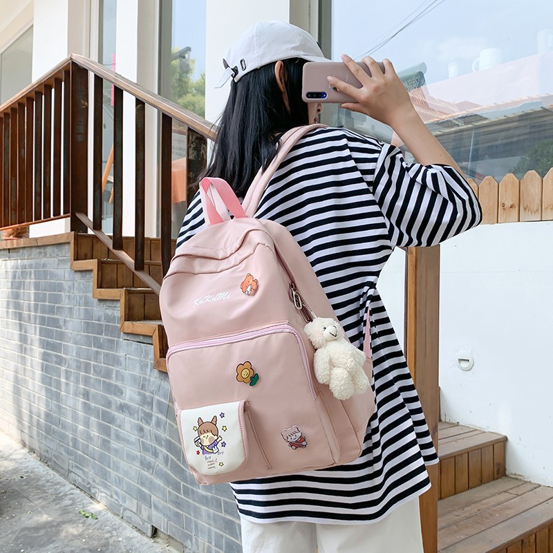 Partysu Schoolbag Female Ing Style Cartoon Pattern Backpack Pure Color Japanese Simple Junior High School Student High School Backpack