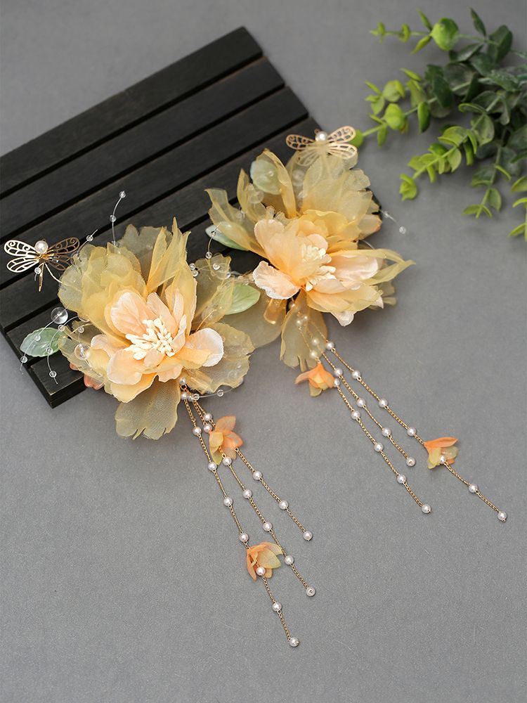 汉服头饰发夹唐风黄色绢花古装配饰步摇仙气流苏对夹古风女生发饰