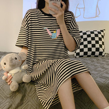 韩国睡裙少女夏季纯棉休闲可爱卡通短袖色织条纹中长裙宽松家居服