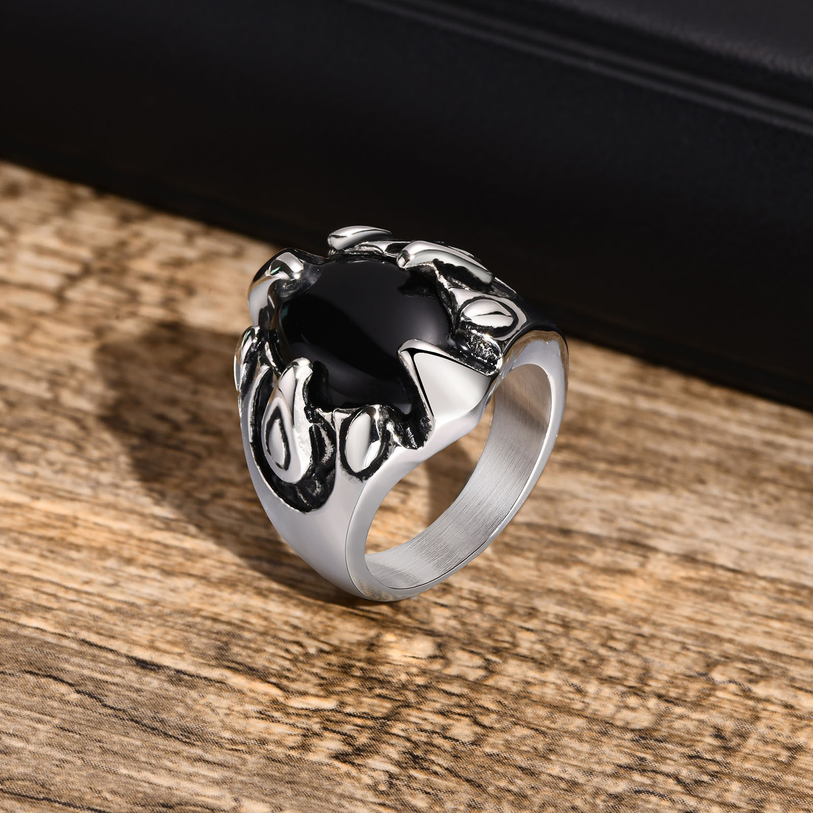 跨境不锈钢椭圆形玻璃嘻哈龙爪戒指钢色男士 配饰首饰 rc-604