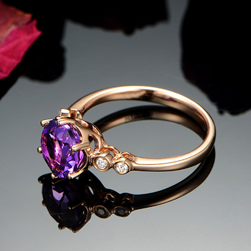 开口紫红锆石戒指 镀18k玫瑰金镶嵌仿天然紫水晶戒指彩宝订婚钻戒