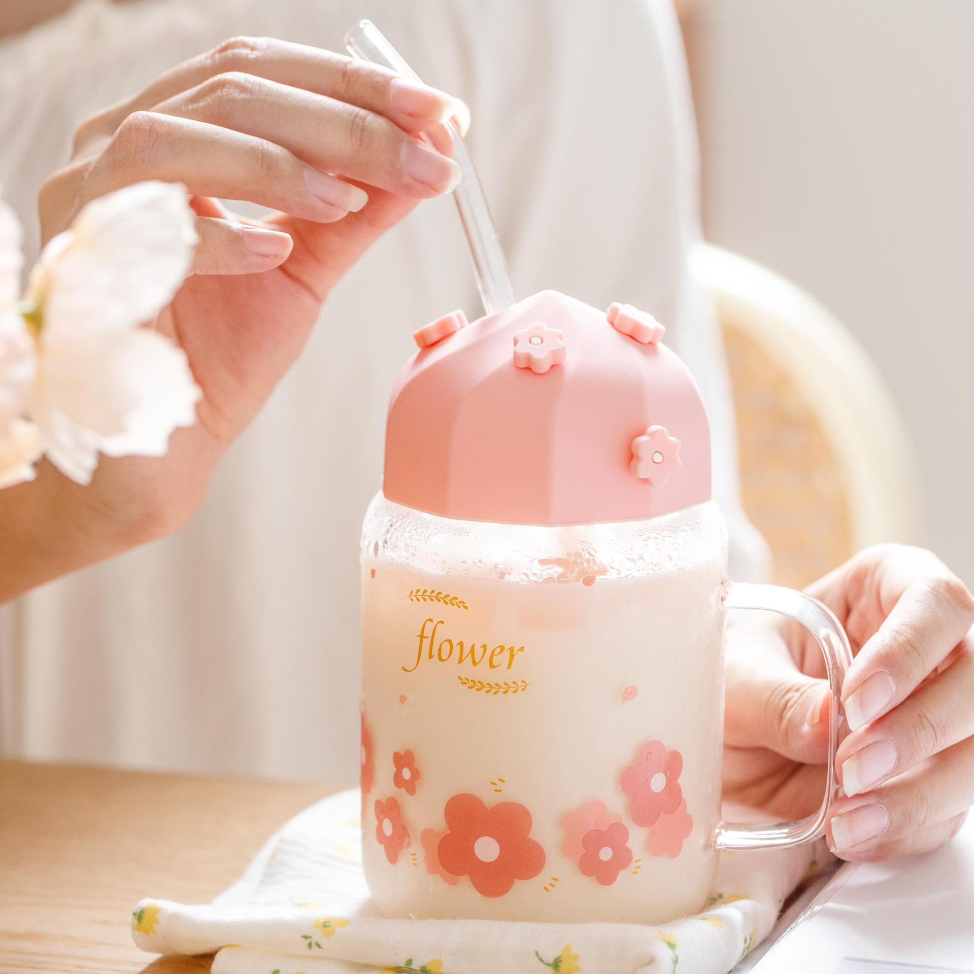 Cute Girl Cherry Blossom Glass with Silicone Cover Tape Straw Mug Good-looking Flower Cup Office Cup