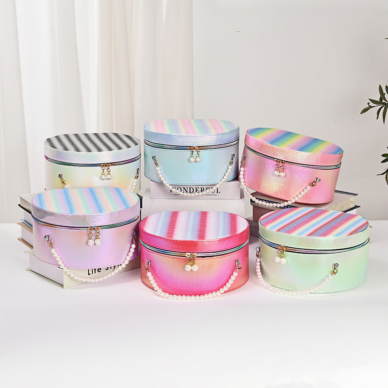 cosmetic bag large capacity round three-piece wind good-looking with mirror multifunctional storage carrying pearl hand