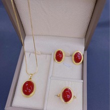 欧美新款红色玛瑙首饰复古高端保色电镀项链耳环戒指三件套饰品