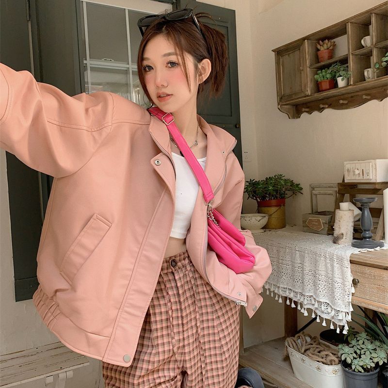 2023秋冬粉色皮衣外套女新款港风复古设计感小众宽松机车夹克上衣