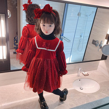 女童冬装连衣裙加绒加厚2023新款儿童韩版公主裙宝宝洋气新年红裙