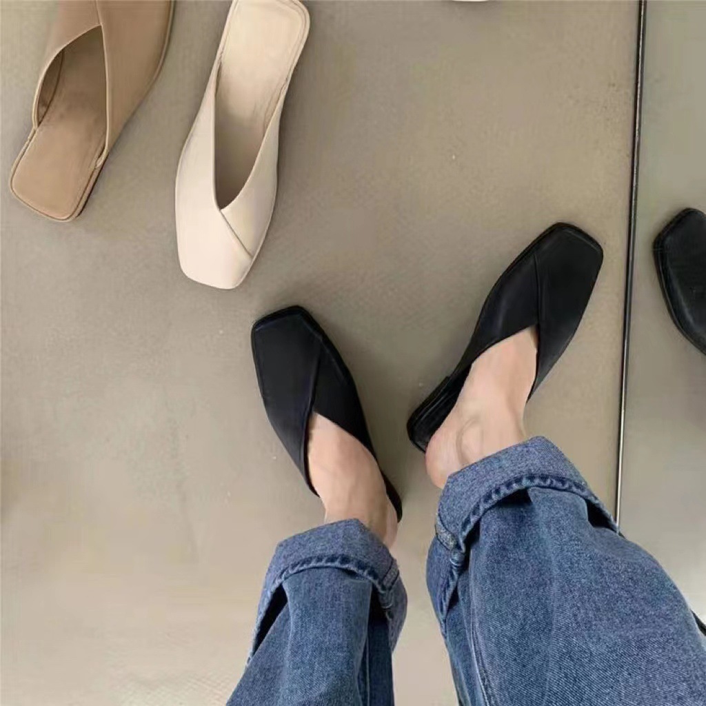 plus Size Closed Toe Women's Outdoor Slippers 2024 Summer Flat Sandals Square Toe Mules Shoes Wholesale Beach Half Slippers