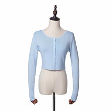 19826-19秋款 韩版修身款复古圆领露脐短款单排扣长袖针织开衫