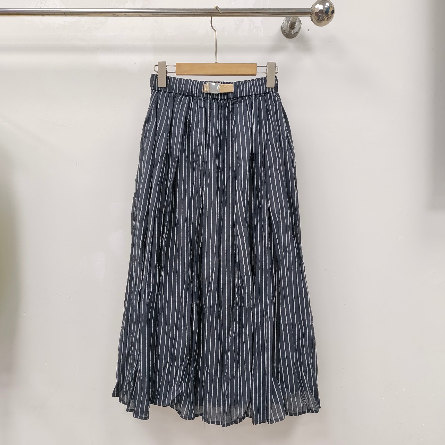 b家文艺条纹百搭半裙宽松半身裙时尚通勤简约优雅长裙松紧腰裙子