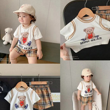 韩衣素L妈 婴儿套装夏男女宝宝短袖套装网红洋气小童格子两件套潮