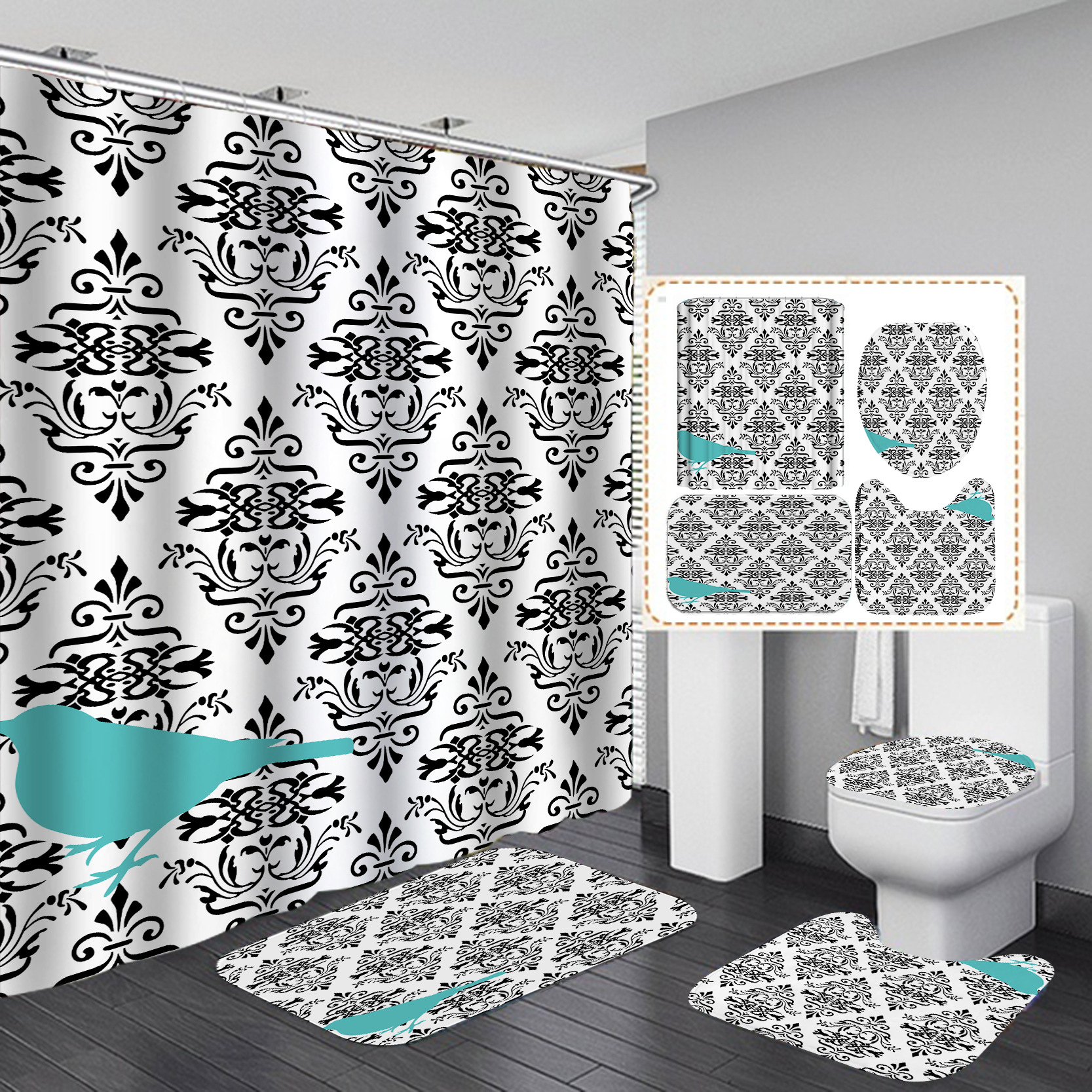 HD Digital Printing Shower Curtain Set Pattern Series Waterproof Punch-Free Partition Curtain Bath Curtain Hotel Rain Curtain