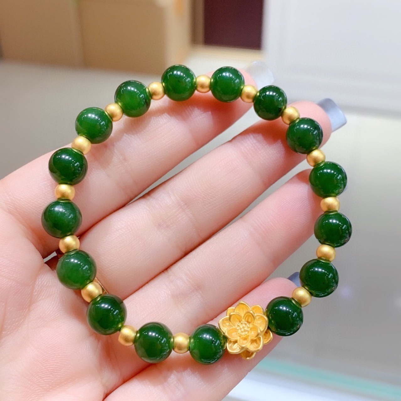 足金999莲花和田碧玉手串女母亲节礼物黄金珠子路路通手链送礼女