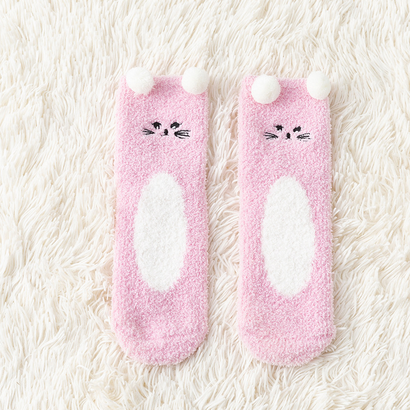 2021 Autumn and Winter New Women's Mid Tube Stockings Three-Dimensional Cartoon Cute Bear Coral Fleece Home Room Socks Half Velvet Sleeping Socks