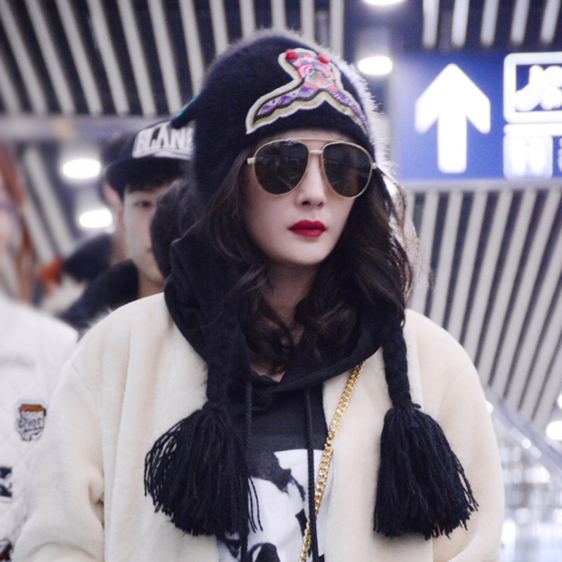 杨幂同款帽子女刺绣辫子毛线虎头燕子帽秋冬保暖雷锋帽护耳针织帽