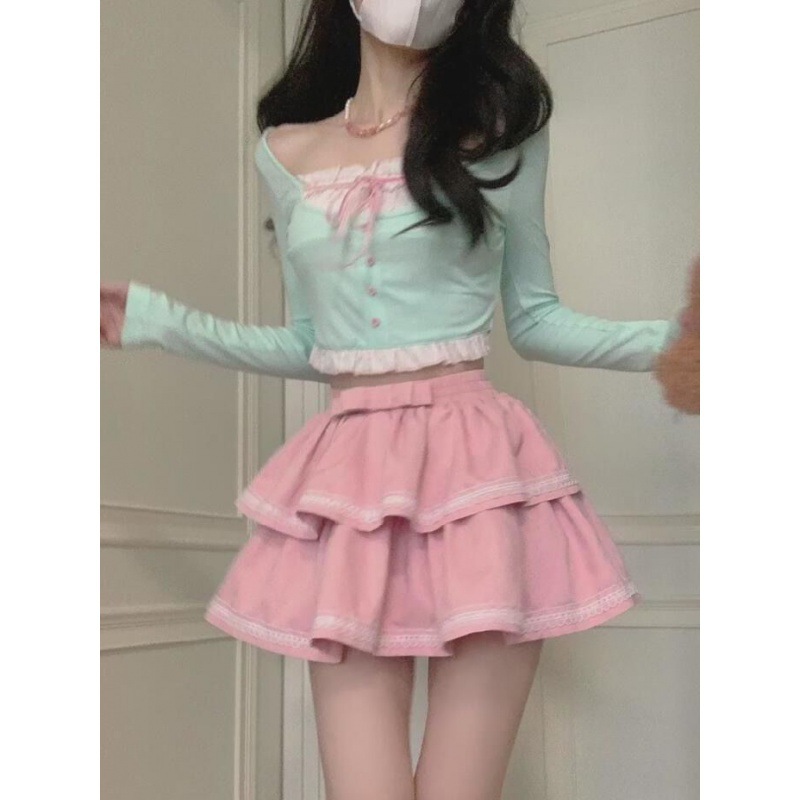 春季套装纯欲风少女薄荷绿显瘦上衣 粉色其它/其它蛋糕裙蓬蓬裙两