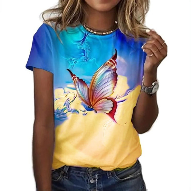 2022女式抽象绘画T恤图案印花圆领上衣3D印花（直发）