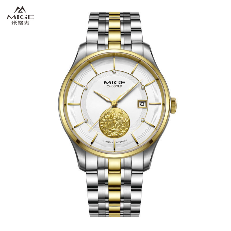 米格mige手表男女表全自动机械表时尚镂空防水24k金表锦鲤9158g/l