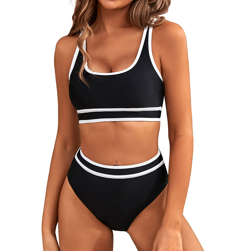新款性感高腰比基尼女士运动两件式纯色拼接泳衣批发外贸度假