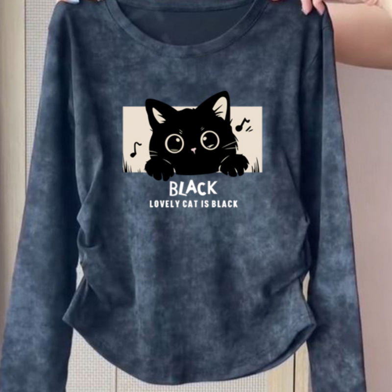 美式复古扎染正肩长袖T恤女秋季新款收腰显瘦百搭设计感褶皱上衣