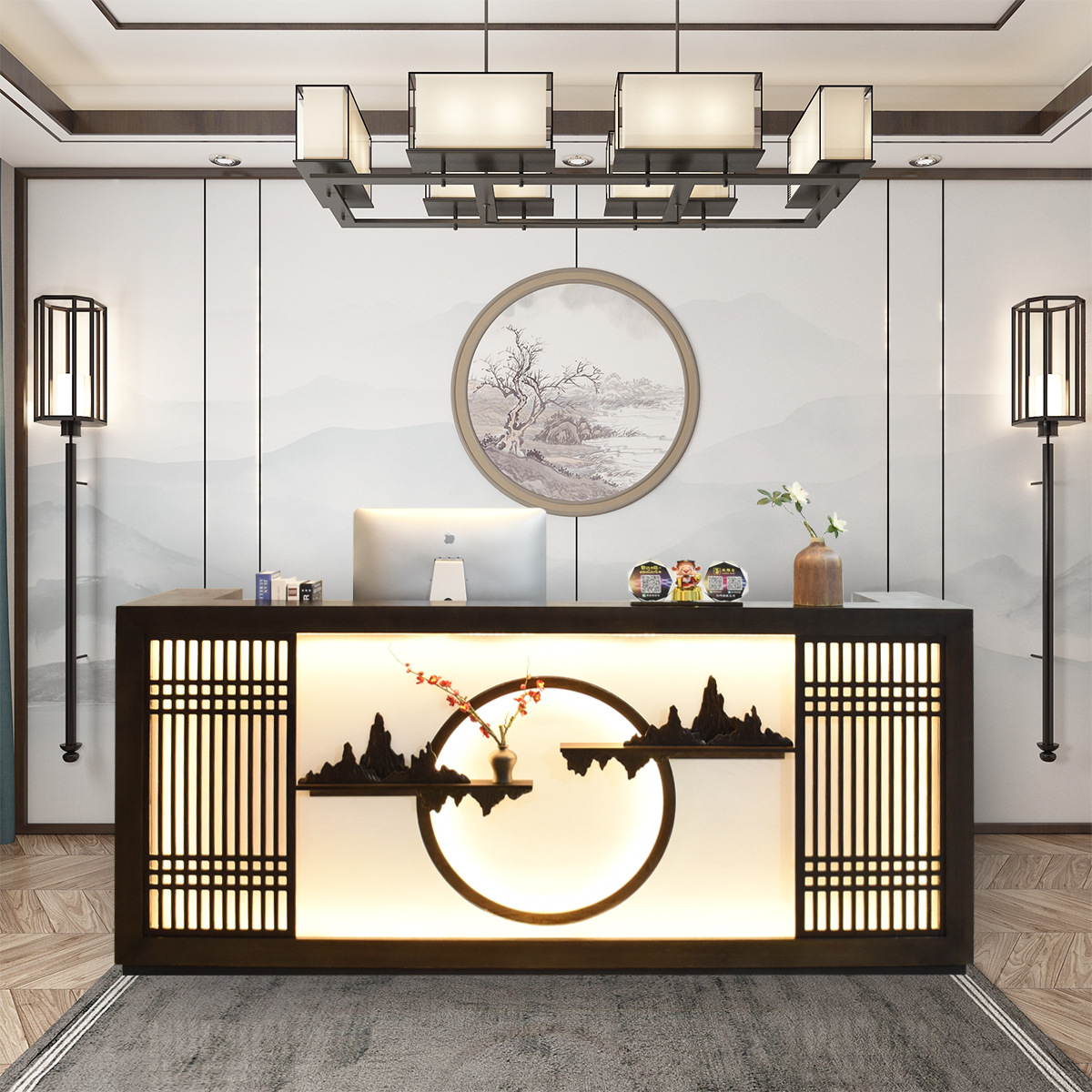 新中式收银台复古实木吧台足浴茶楼美容养生馆接待台餐厅酒店前台