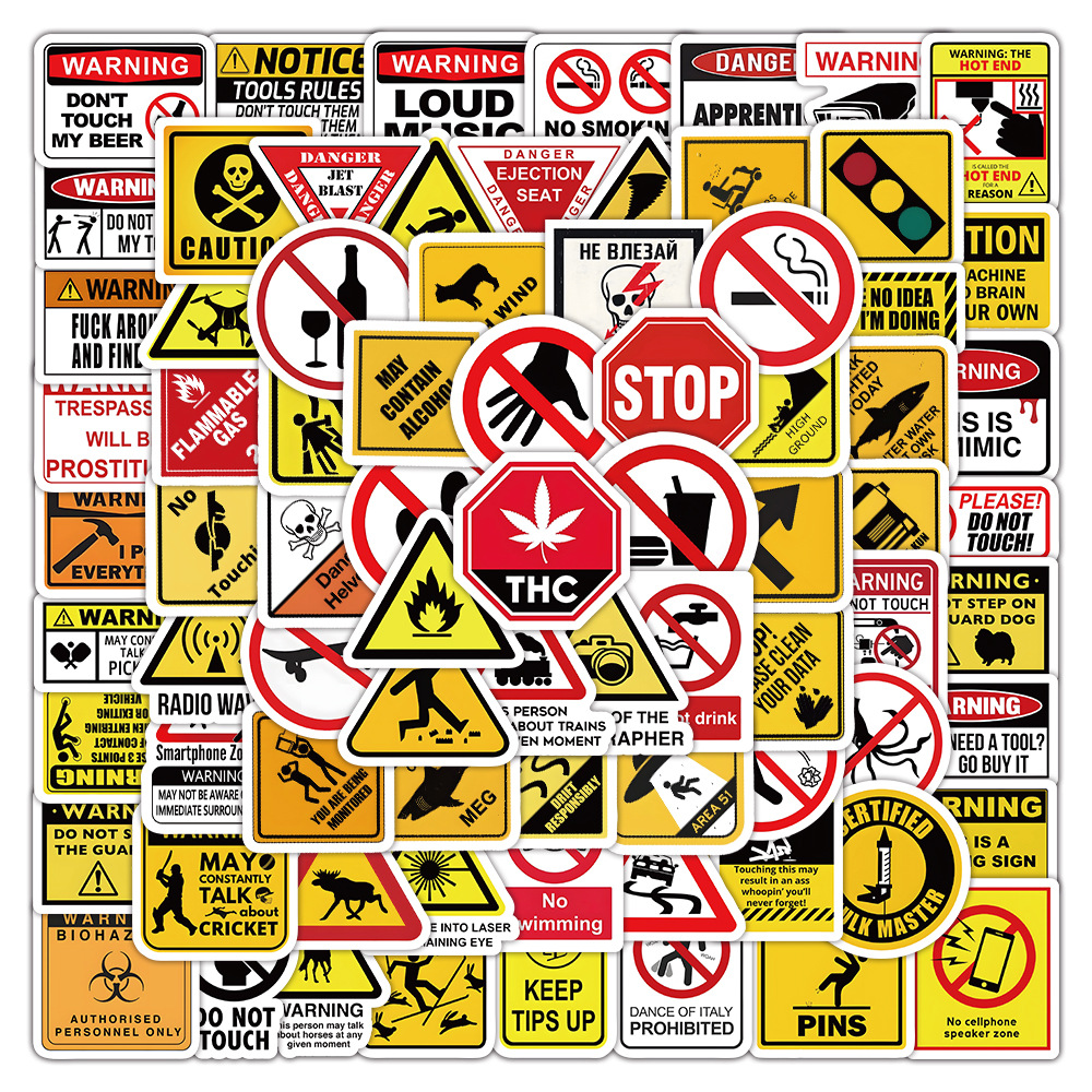 100张跨境新款警告标识贴纸 个性创意手机滑板冰箱装饰贴画批发
