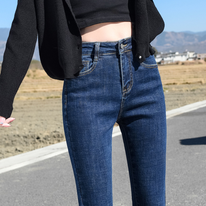 深蓝色牛仔裤女高腰2021年秋冬加绒外穿弹力显瘦小脚紧身长裤九分