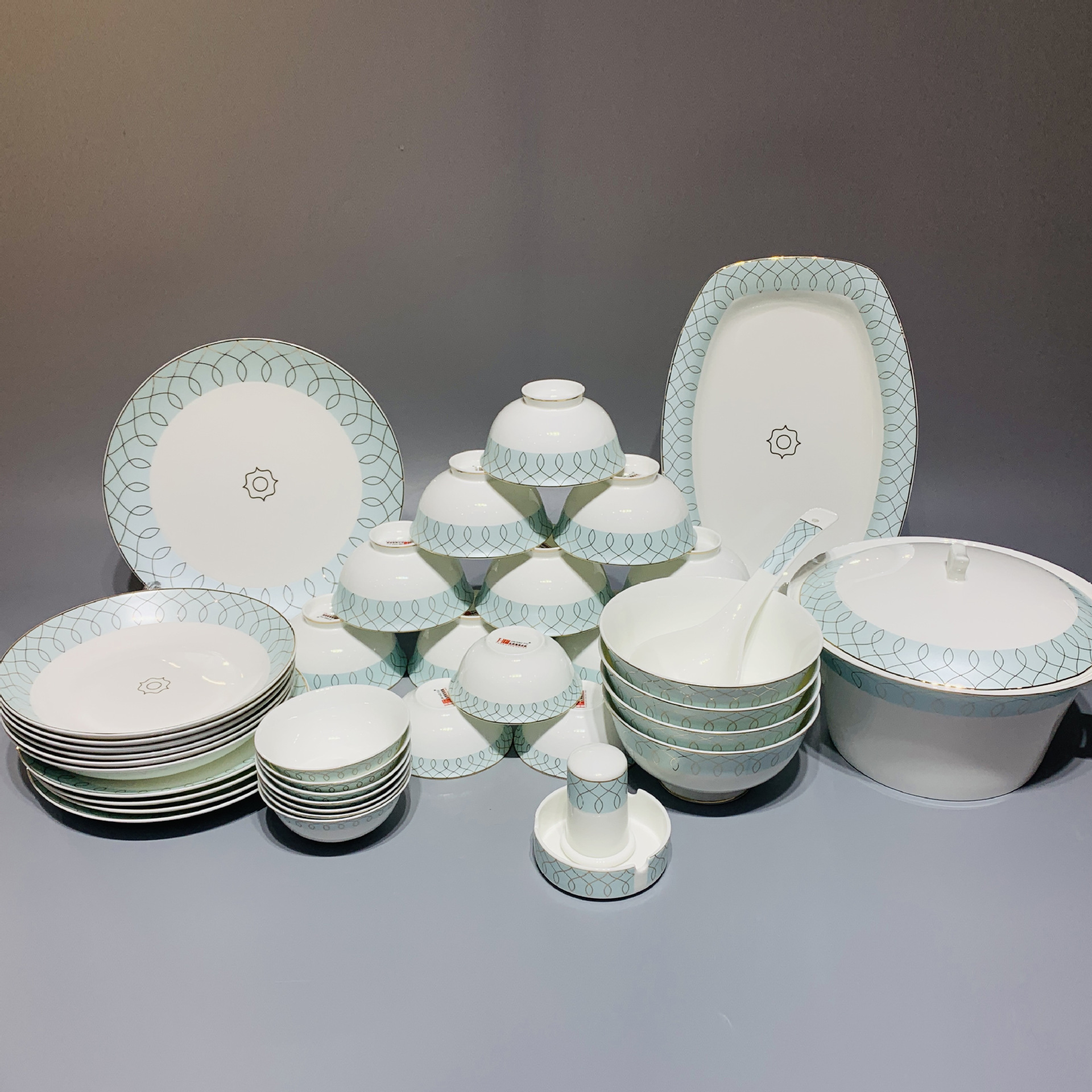 50头唐山骨瓷简约小清新向阳花中式家用盘碗套装面碗餐具礼品批发