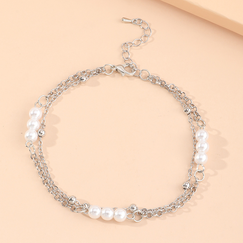 Cross-Border European and American Fashion Double-Layer Pearl Anklet Personality Simple Mori Style Ornament for Women