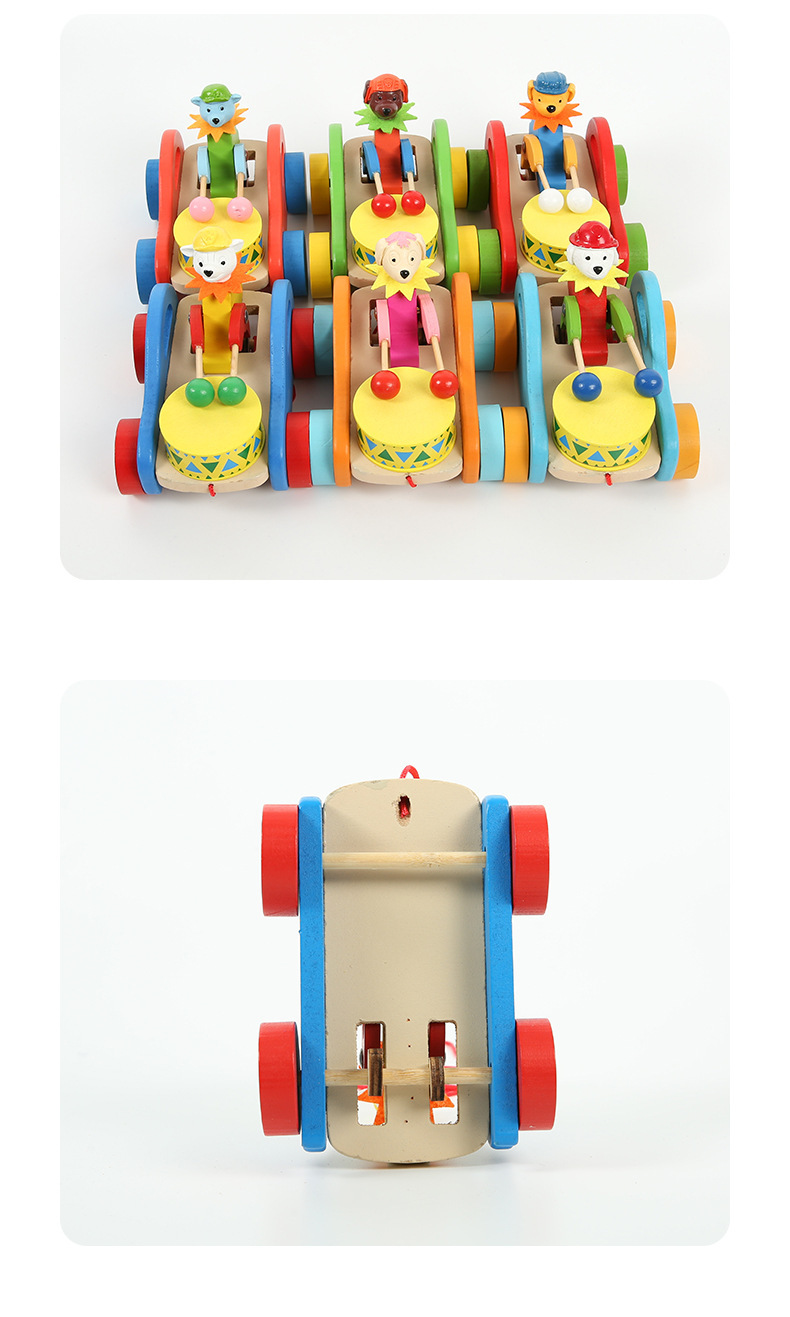 木质拉车摆件 打鼓小动物车子 儿童玩具小车车工艺品摆饰家居用品