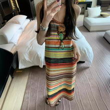 夏季彩虹条纹针织吊带连衣裙宽松薄款三亚海边度假沙滩裙旅游拍照