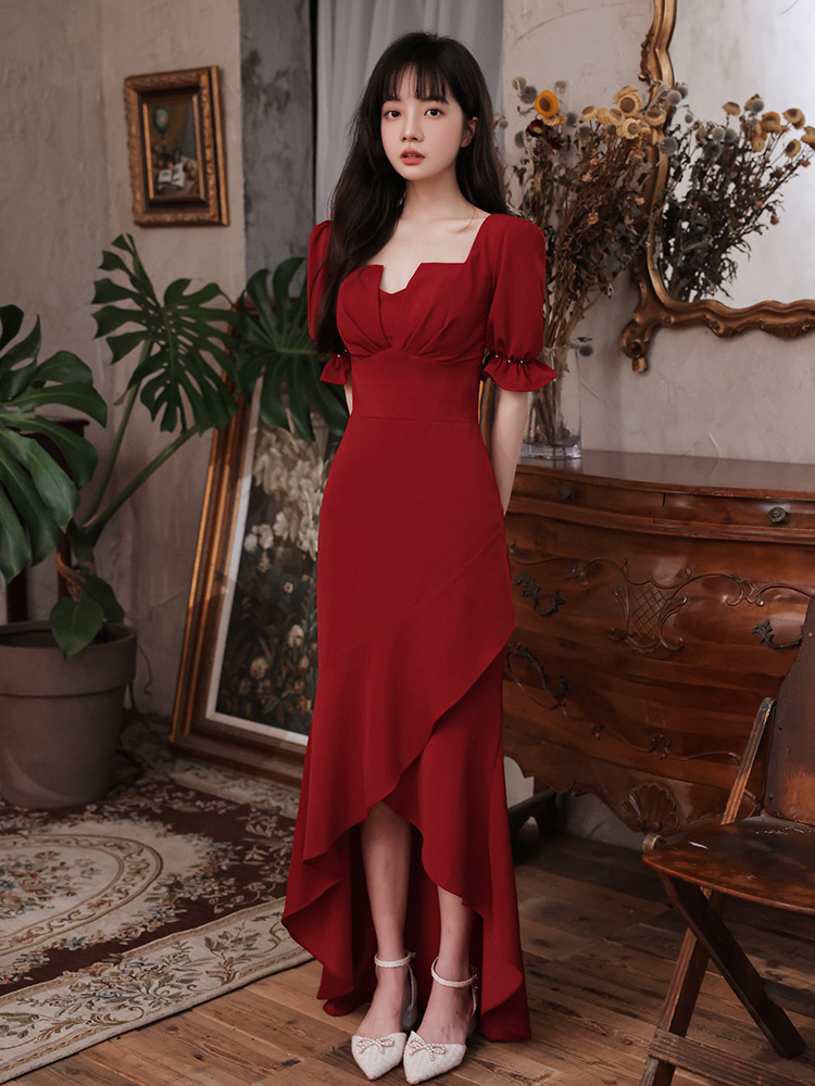酒红色夏季感鱼尾敬酒服新娘小个子订婚晚礼服平时可穿红裙女
