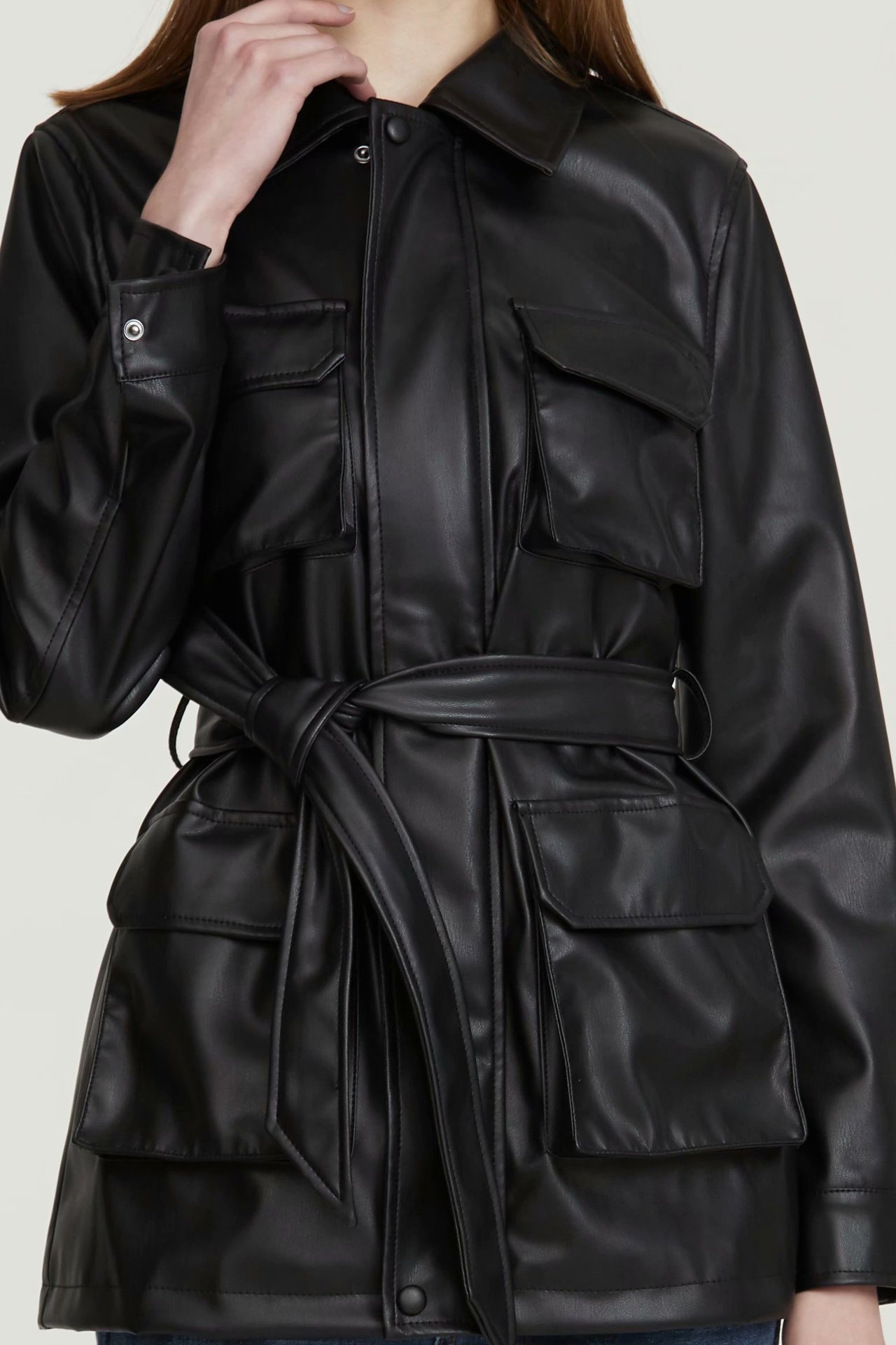 0成交54件欧美批发2021秋季蝴蝶结饰仿皮衬衫女式皮衣外套f1-51062