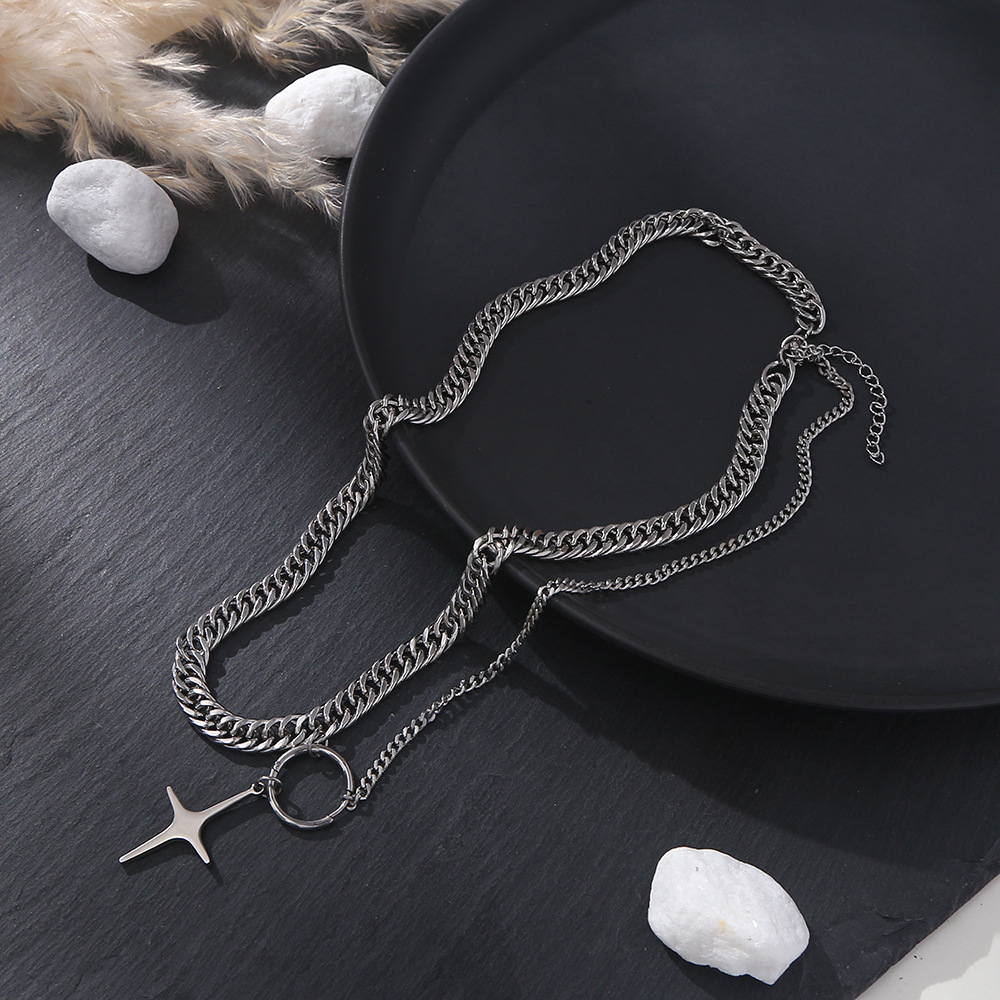 New Double-Layer Stitching Titanium Steel Necklace Niche Cross Light Luxury Sweater Chain High-Grade Cold Wind Clavicle Chain
