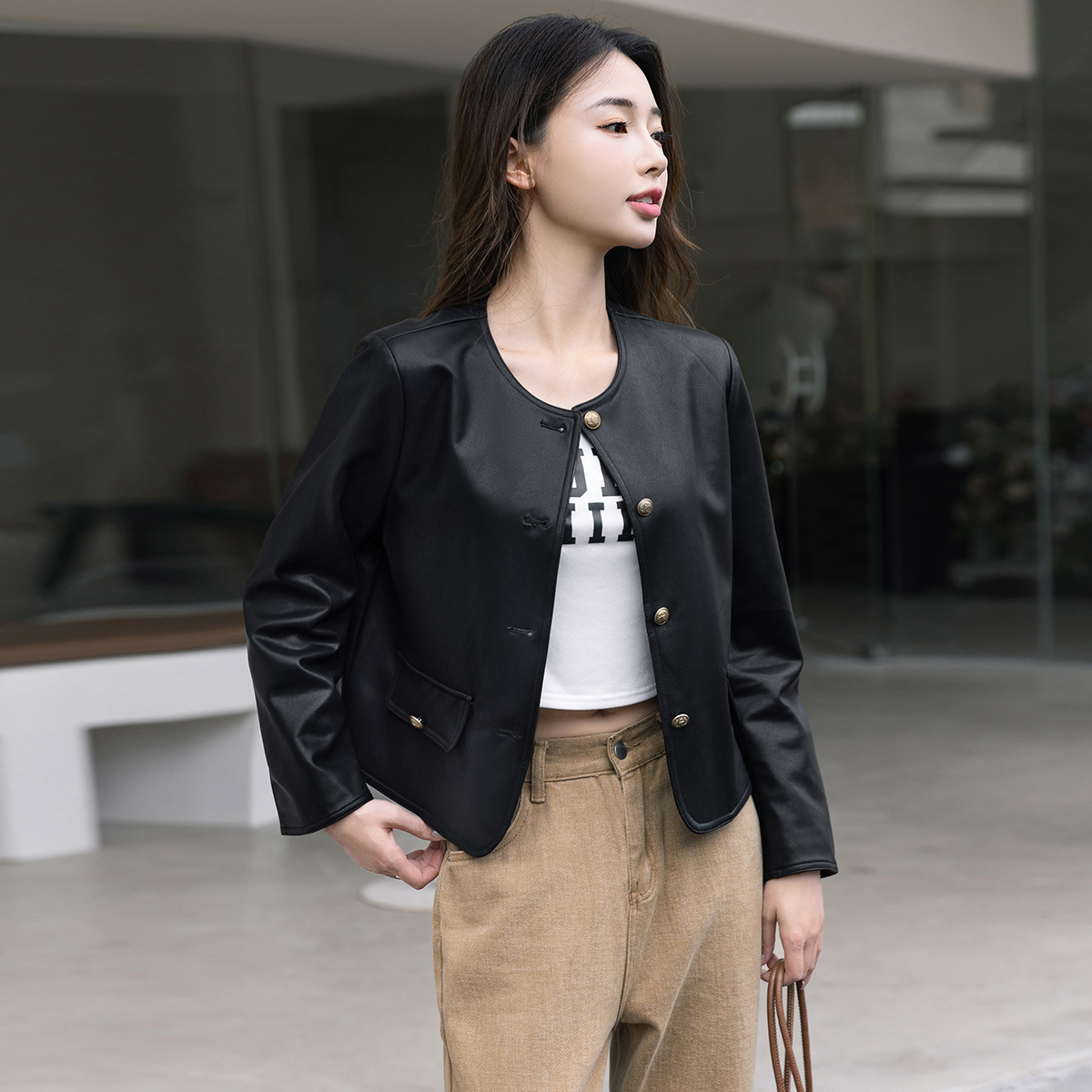 哑光质感pu皮韩版经典圆领正肩显瘦短款皮衣外套女可t牌-阿里巴巴