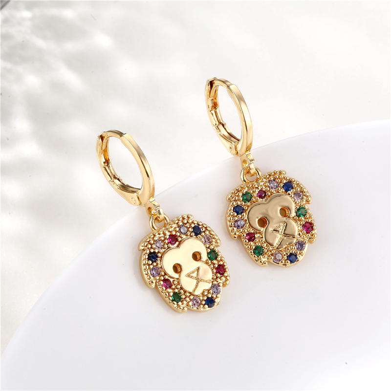 Cross-Border Domineering Retro Lion Zircon Earrings Female Copper Plating 18K Gold Animal Mixed Color Lion King Earrings Earrings