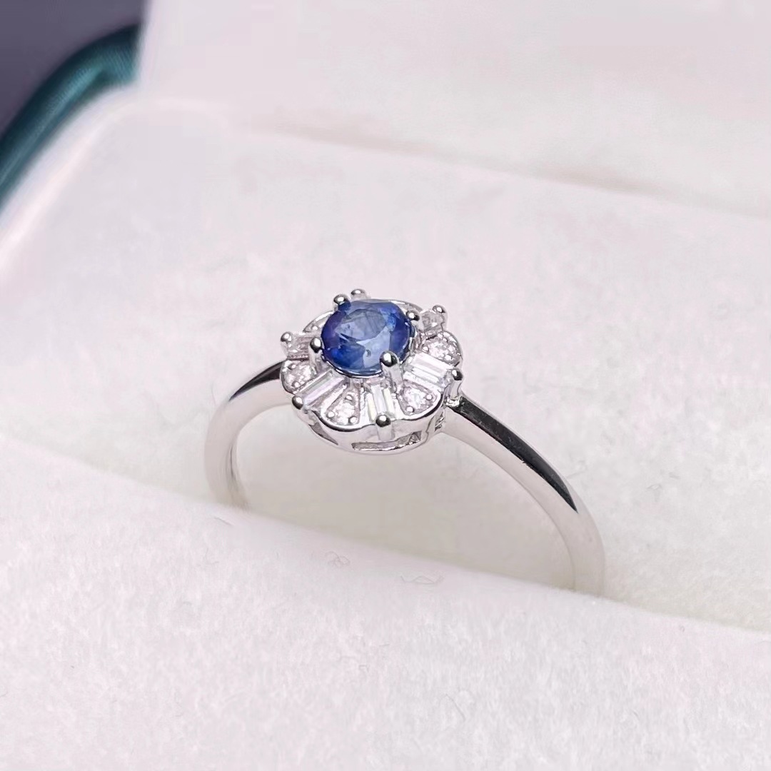 高端大气天然老烧蓝宝石圆形戒指s925纯银蓝宝石女款饰品戒指批发