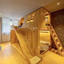 美式实木儿童树屋床双层高低床公主城堡带滑梯秘密基地多功能