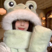 可爱青蛙帽子围巾一体女冬季韩版骑车保暖加绒加厚毛绒手套三件套