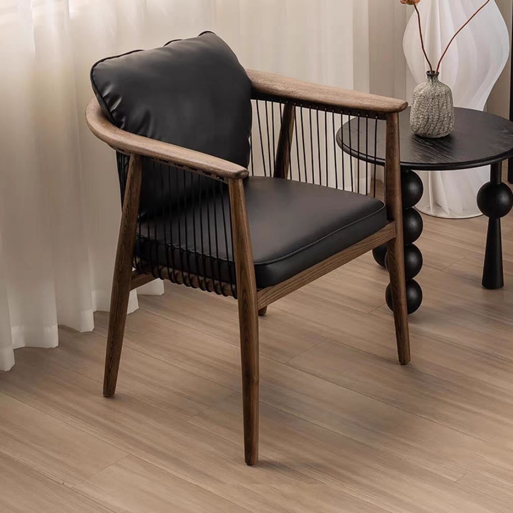 新中式餐厅实木餐椅轻奢茶室宅寂设计高级绳编扶手椅家用靠背椅子