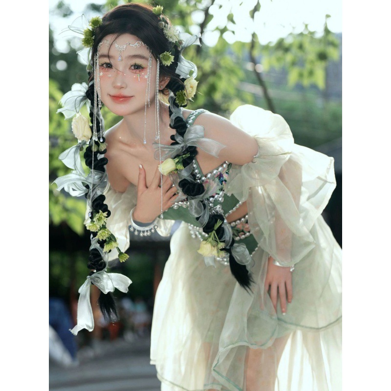 云南西双版纳爆款绿色哈尼精灵公主套装少数民族哈尼族长款摄影服