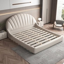 贝壳圆头床现代简约双人床轻奢皮床1.8m主卧大床软包床科技布艺床