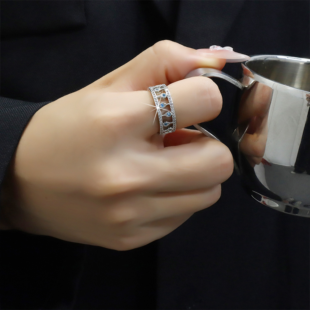 镂空设计蓝色锆石露珠戒指女中古气质水滴满钻指环双线双层关节戒