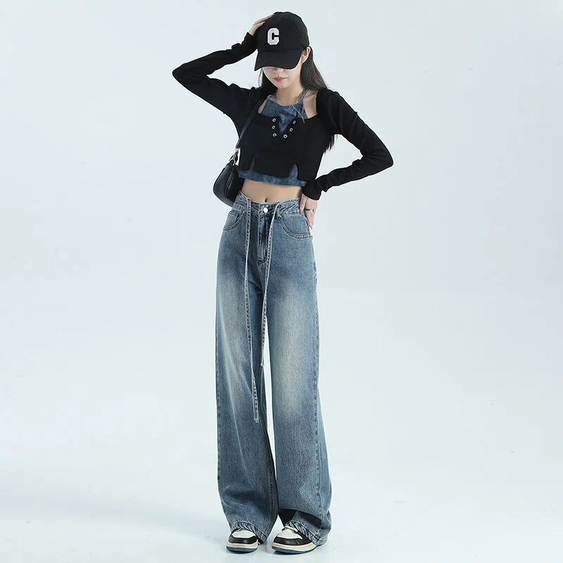 Retro Wide Leg Jeans for Women  Autumn New Rope Belt Loose Slim Fit High Street Wide-Leg Straight Trousers