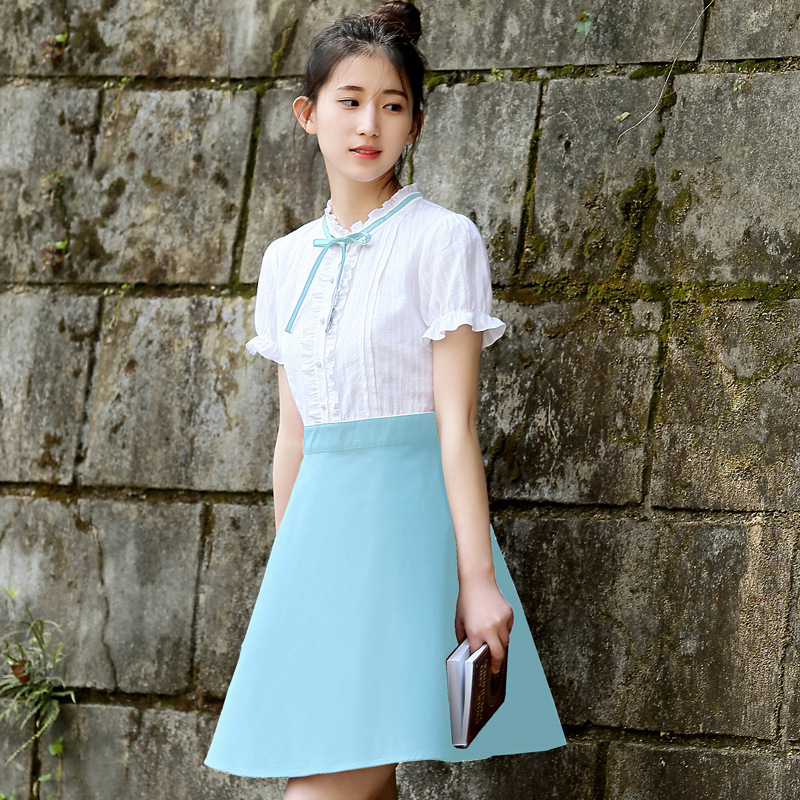 少女连衣裙学院风初中高中韩版修身夏装淑女拼接学生裙子女