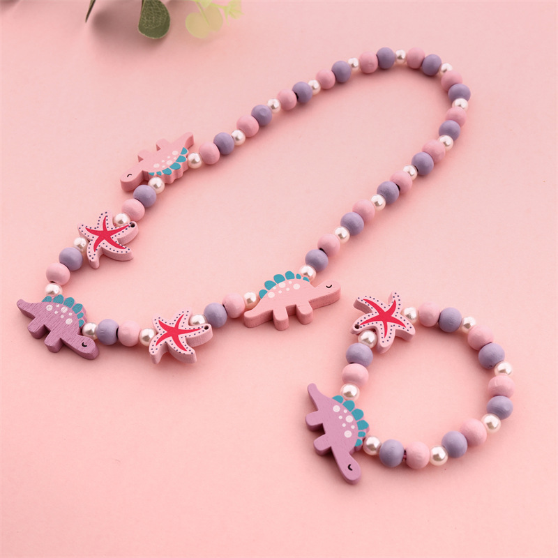 Children's Wooden Bead Beaded Necklace Bracelet Cute Little Dinosaur Rainbow Necklace Cross-Border Children's Jewelry Set Accessories