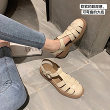 葡萄妈同款 遮丑平底包头拖粗跟软厚底复古真皮罗马凉鞋女款夏季