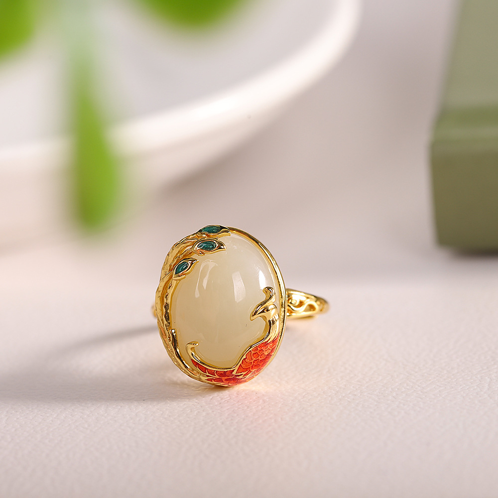 人品银品 s925银镀金和田玉戒指 时尚女式开口指环