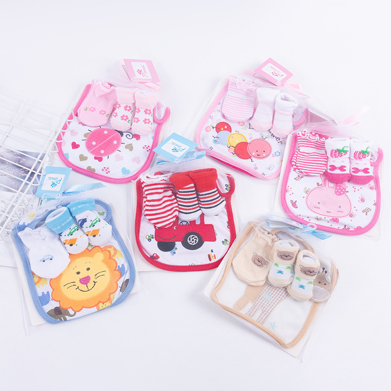 Foreign Trade Babies' Socks Newborn Baby Bib Gloves Socks Three-Piece Suit 0-6M Cartoon Embroidered Saliva Towel